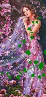 Woman in floral dress surrounded by pink flowers and green vines.