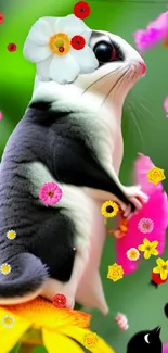 Playful squirrel adorned with flowers against a green background.