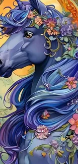 A blue unicorn with floral decorations in a colorful fantasy setting.