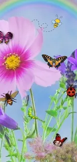 Pink flowers and butterflies under a rainbow-filled sky.