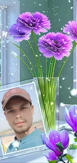 Purple flowers in vase with portrait photo.