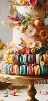 Elegant cake with macarons and flowers on a gold stand.