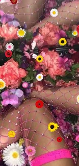 Wallpaper featuring pink fishnets and vibrant flowers.