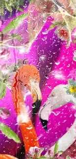 Vibrant floral and flamingo wallpaper with magenta background.