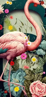 Flamingo and floral themed wallpaper for mobile display.