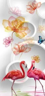 Flamingos with flowers and butterfly wallpaper design.