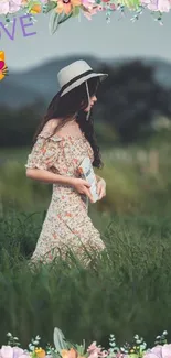 Woman in floral frame with sun hat in meadow.