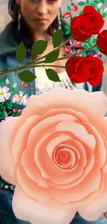 Vibrant floral wallpaper with red and peach roses for mobile devices.