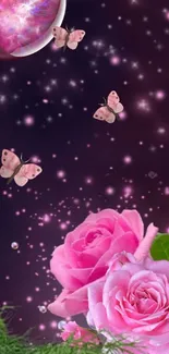 Mobile wallpaper with pink roses, butterflies, and a cosmic galaxy background.