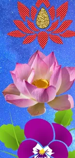 Vibrant lotus on a starry blue background.