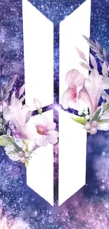 White floral logo on purple galaxy background with flowers.