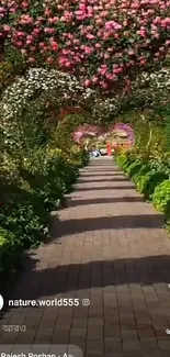 Floral garden tunnel with pink arches and greenery creating a scenic pathway.