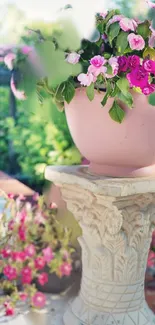 Pink planter with flowers in a serene garden setting.