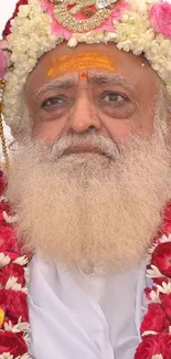 Portrait with colorful floral garlands and serene expression.