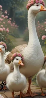Geese with flower crowns in a blooming garden.