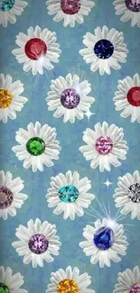 Sky blue floral wallpaper with gems and daisies.