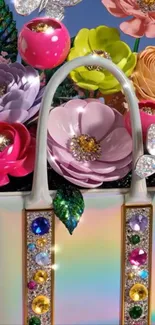 Stylish handbag with vibrant flowers and gemstones.