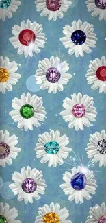 Mobile wallpaper with daisies and colorful gemstones on a blue background.