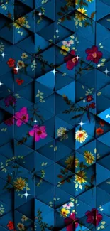 Blue geometric wallpaper with vibrant flowers.