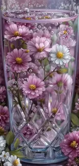 Floral glass art wallpaper with delicate flowers in water.