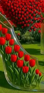 Transparent glass shoe filled with red tulips on green grass.