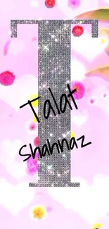 Floral glitter sparkle wallpaper with letter 'T' and colorful flowers.