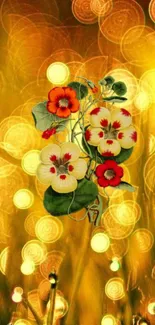 Vibrant floral design with glowing gold background for mobile wallpaper.