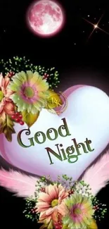 Heart-shaped good night image with flowers and moon.