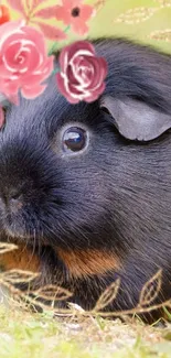 Cute guinea pig with floral design in a vibrant wallpaper.