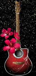 Guitar with red flowers on a black background wallpaper.