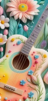 Vibrant guitar with floral design wallpaper