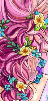 Illustration of pink hair with floral accents.