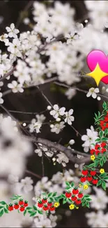 White blossoms with red berries and a pink heart emoji on floral wallpaper.