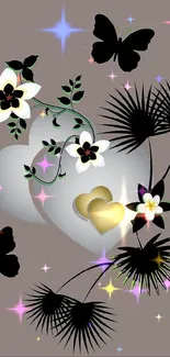 Taupe wallpaper with floral hearts and butterflies design.