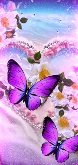 Purple butterflies on heart-shaped floral design with beach background.