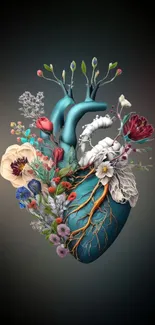 Floral heart and botanical elements on dark teal background.