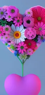 Heart-shaped floral arrangement with colorful flowers on a phone wallpaper.