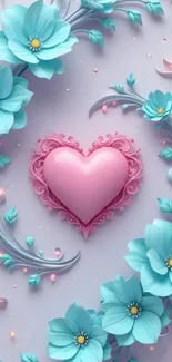 Floral heart wallpaper with blue flowers and pink heart design.