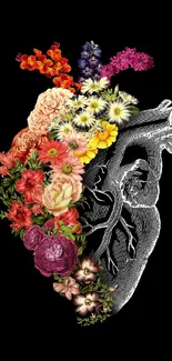 Floral heart artwork with colorful flowers on a black background.