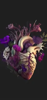 Artistic floral heart with vibrant colors on a dark gray background.