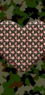 Floral heart on camouflage background wallpaper.