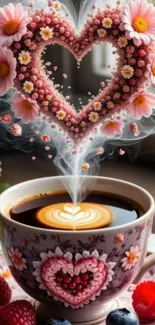 Heart-shaped floral coffee art on mug.