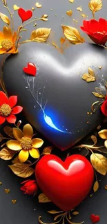 Vibrant heart and floral design wallpaper.