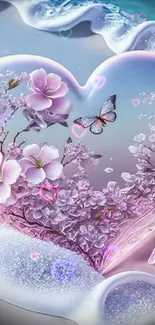 Beautiful floral heart with butterflies in a dreamy ocean setting.