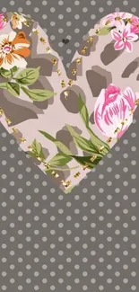 Floral heart with grey polka dot background wallpaper.