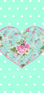 Floral heart design with mint green polka dot background.