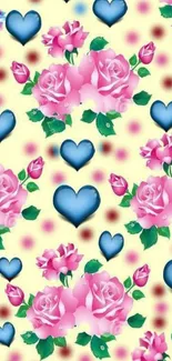 Mobile wallpaper with pink roses and blue hearts on a yellow background.