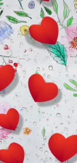 Floral background with red hearts on a white wallpaper.