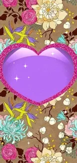 Purple heart with floral background wallpaper.