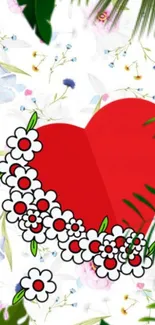 Red heart with white flowers and green leaves on floral wallpaper.